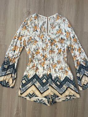 Chloe & Katie Blue, Yellow and Cream Floral Bell Sleeve Romper